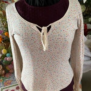 Vintage Express jeans top Cream Floral Tie-Neck Long Sleeve Top